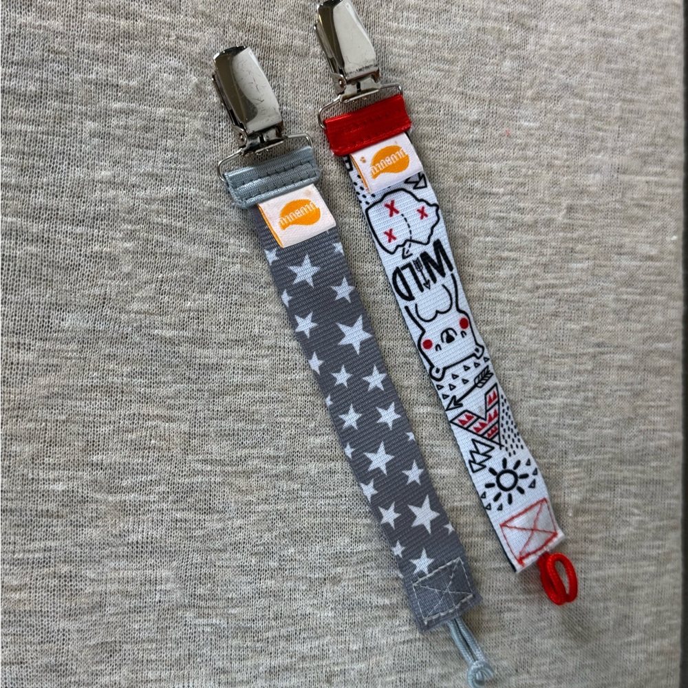 SET OF 2 - cloth pacifier suspender straps w/ metal clasp, gray stars & outdoors